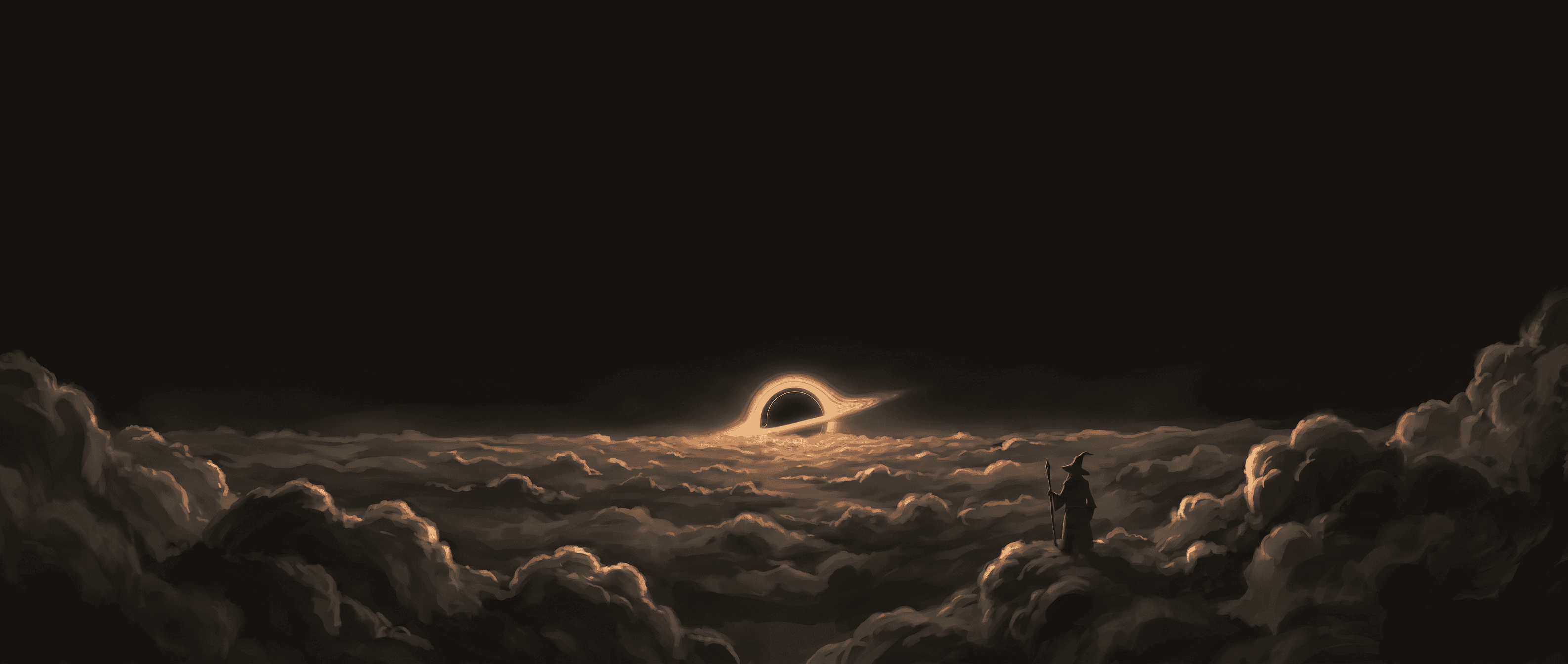 A wizard standing above a sea of clouds, watching a black hole set on the horizon